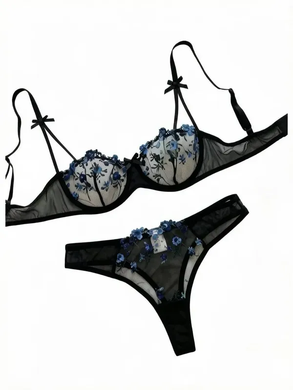 Night Beautiful Sexy Women 2 Piece Floral Embroidery Underwear Sexy Erotic Lingerie Underwear Set — image 7