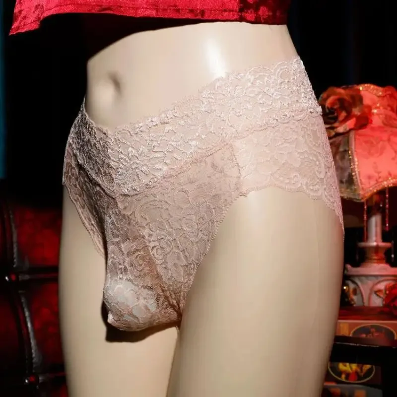 Sissy bolsa roupa interior masculina ultra-fina calcinha de renda oco malha briefs crossdressing feminização cuecas gays lingerie — image 4