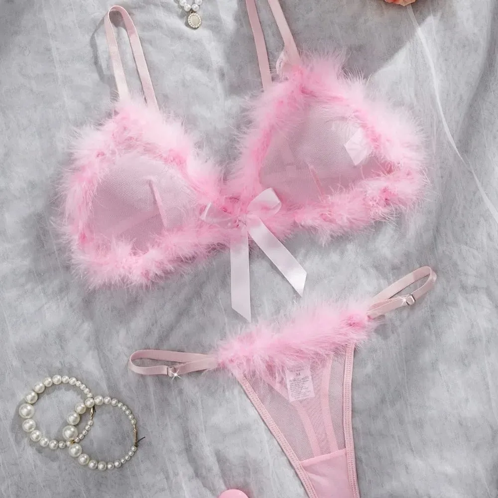 New Year Furry Women's Underwear Mesh Transparent Wireless Lingerie Set Romantic Intimate Bow Decor Bra Panties Suit Home