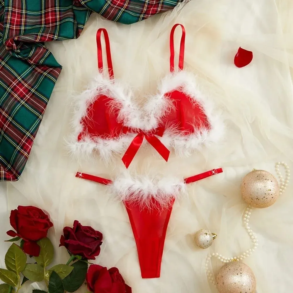 Underclothes Furry Women's Underwear Mesh Transparent Wireless Lingerie Set Bow Decor Romantic Intimate Bra Panties Suit Home — image 5