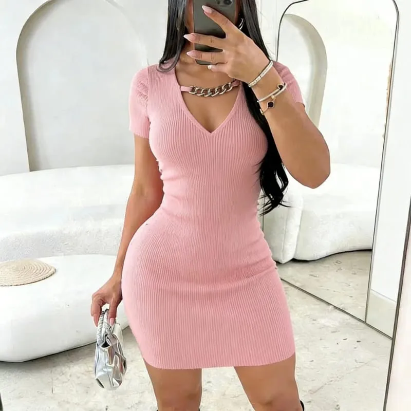 Women's Black Short Sleeve V Neck Cutout Chain Sundress Stretchy Ribbed Knit Bodycon Mini Dress Party Clubwear Dress Outfits — image 7