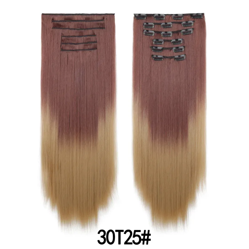 6 pçs 24 polegada ombre cor clip-in extensões de cabelo longo sintético em linha reta hairpieces em camadas macio invisível clip ins extensões — image 12