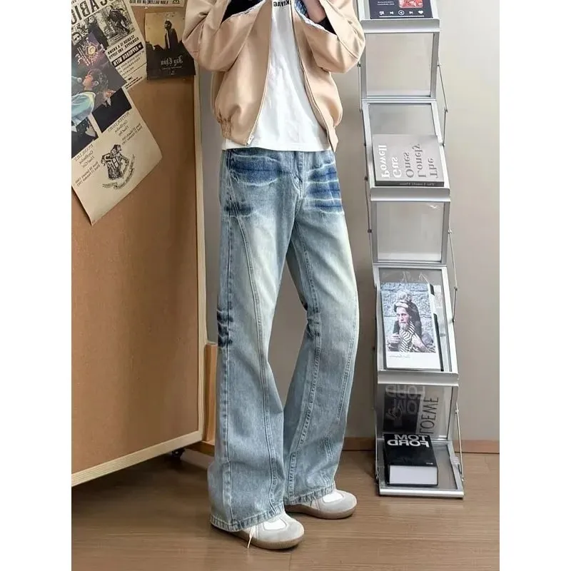 Men's Lightning Pattern Denim Jeans High Street Style Spring Blue Loose Fit Flared Pants Y2K Korean Fashion Tall Size — image 4