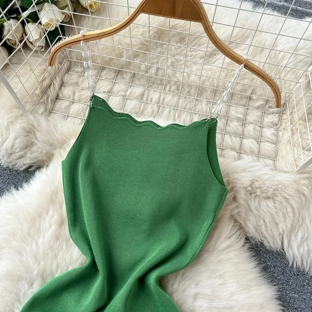 Women's Green Spaghetti Strap Square Neck Scalloped Stretchy Ribbed Knit Bodycon Mini Dress Summer Party Night Dress Outfits — image 6
