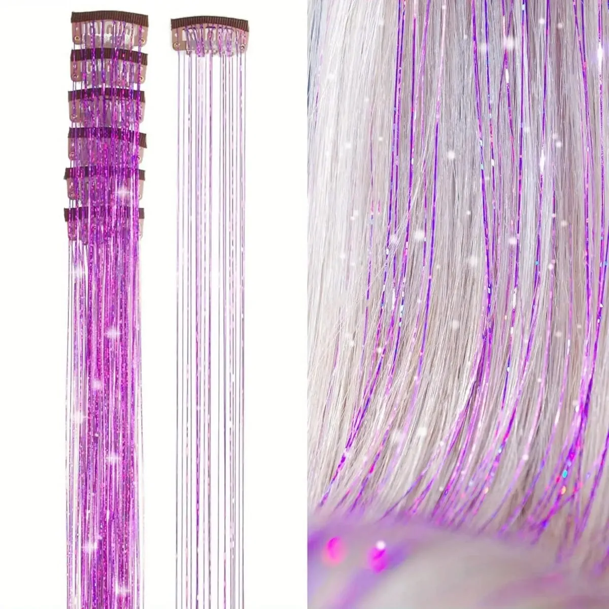 6Pcs Synthetic Hair Tinsel Clip in 20Inch Glitter Tinsel Hair Clip in Hair Tinsel Kit Heat Resistant Shiny Sparkle Fairy Hair — image 13