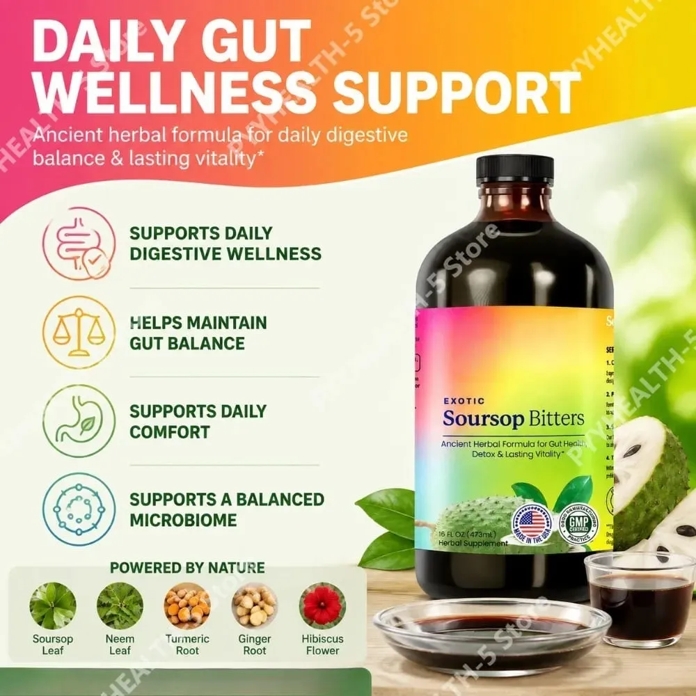 Herbal Soursop Bitters Liquid Supplement Black Seed Moringa Irish Moss Drops for Gut Digestive Wellness Immune 16 Fl Oz(473ml) — image 2