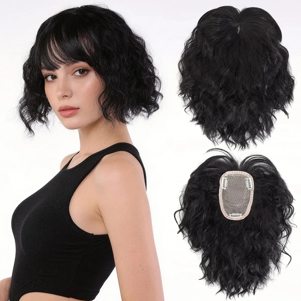 Topper Synthetic corn beard replacement block wig heat-resistant curly hair clip wig on the top of a woman's head