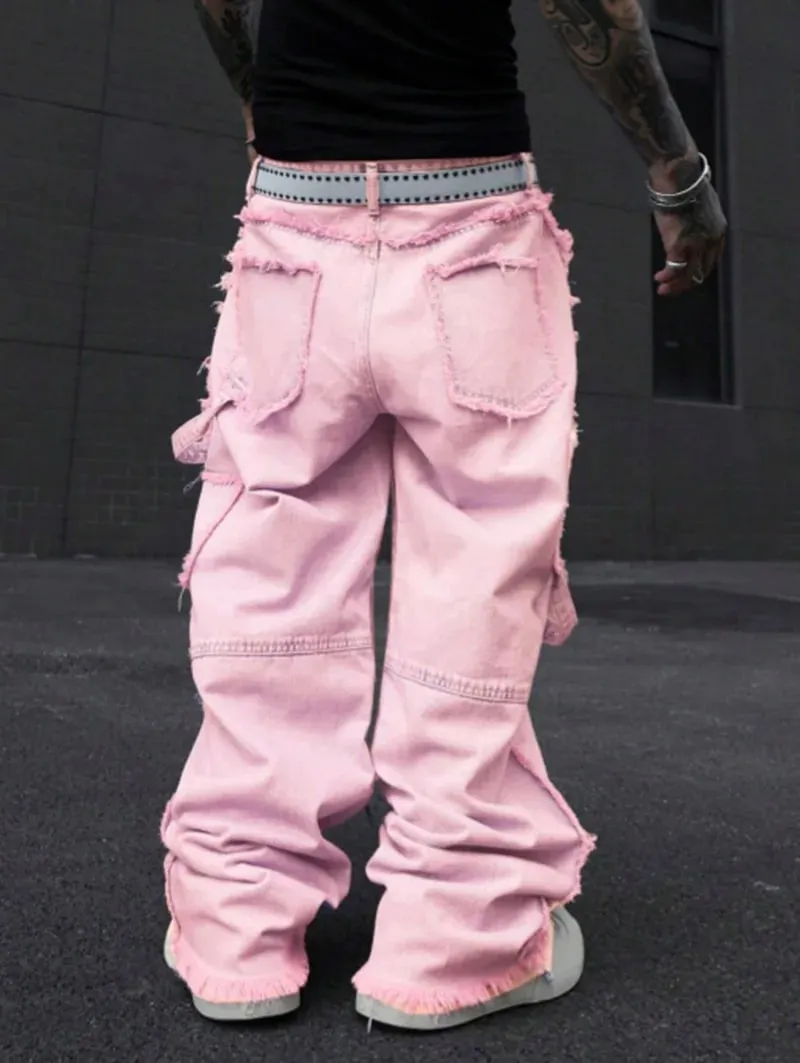 Pink Frayed Wide-Leg All-Season Cargo Denim Jeans — image 2