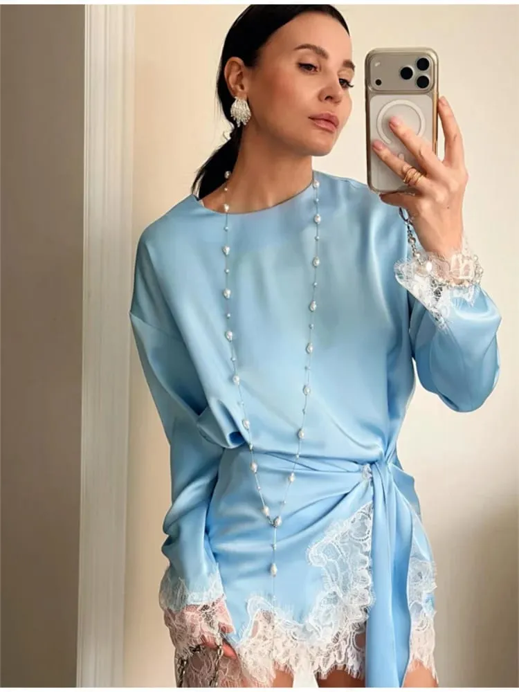 Women Elegant Lace Patchwork Lace-up Dress Solid Round Neck Full Sleeve Satin Loose Mini Dresses 2026 Spring Party Club Vestido — image 1