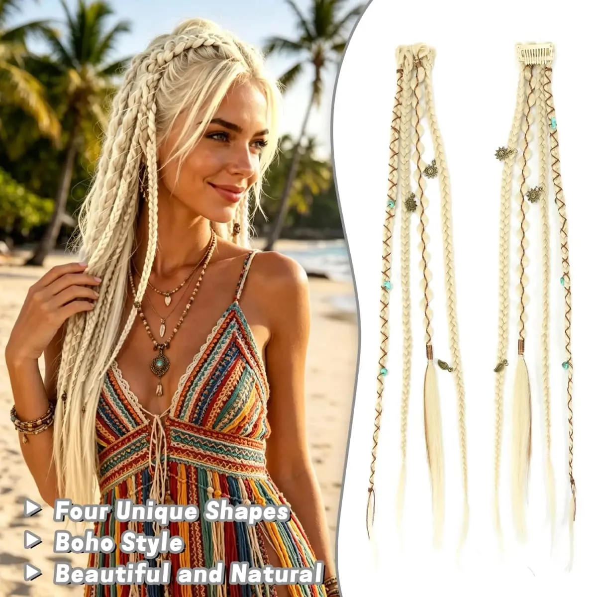 Clip in Braid Hair Extensions for Women 20" Boho Dreadlock Clip in Braids with Beads & Charms 2PCS Synthetic Braided Hairpiece