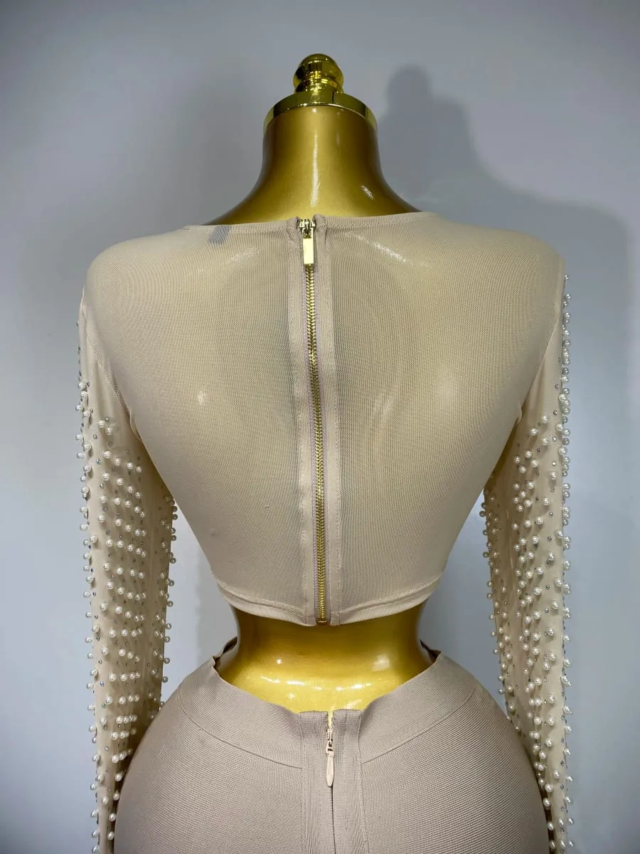 Kvinnor Sexig Långärmad Mesh Pearl Top Kändis Midi Kvinnor Bandage Set 2025 Designer Evening Party Lyx Födelsedag Tvådelad Set — image 6