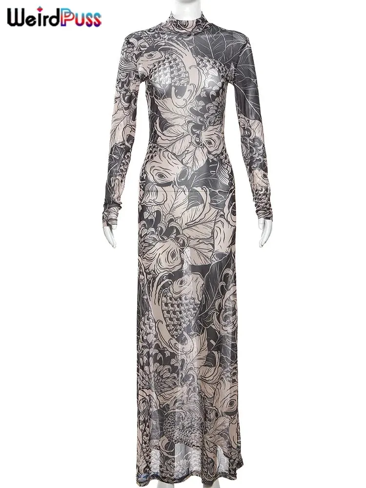 Weird Puss Mesh Print Women Maxi Dress Turtleneck Full Sleeve Bodycon Autumn Trendy Hipsters High Street Party Y2K Attirewear — image 7