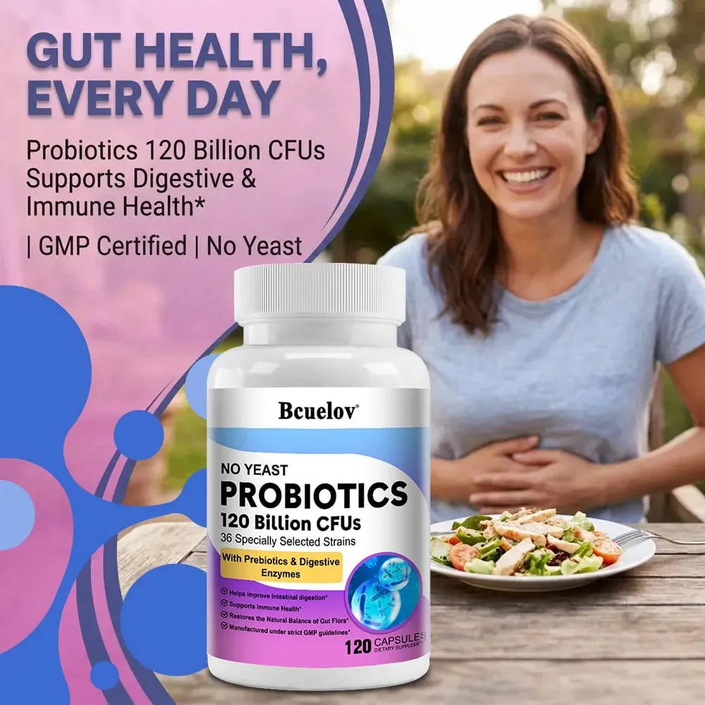 Probiotics 120 Billion CFU 36 Strains + Prebiotics + Digestive Enzymes Gut Digestion & Immune System Support Regulates Mood — image 7