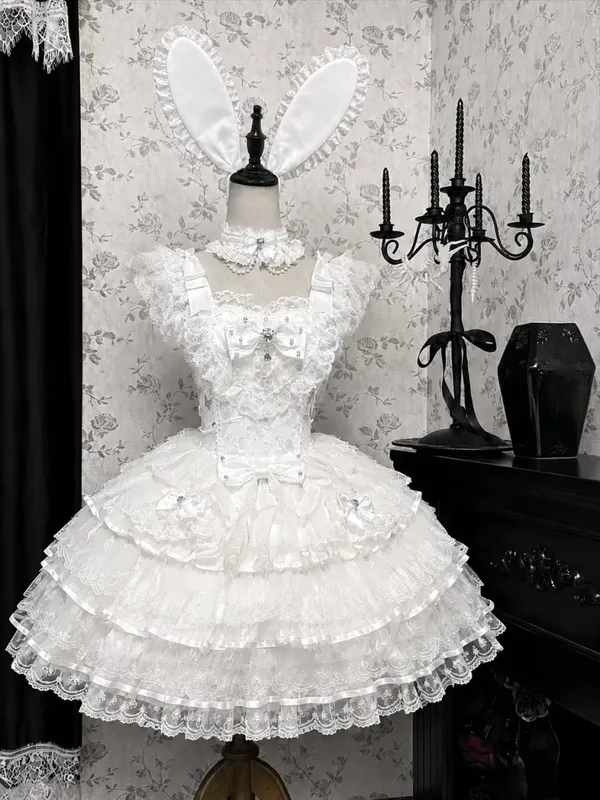 Y2K Sweet Lolita Jks Strap Dress Women Solid Ruffle Lace Bow Patchwork Kawaii Princess Ball Gown Knee-Length Elegant Party — image 14