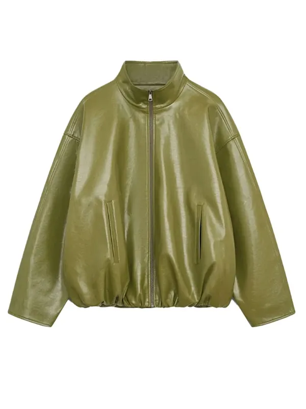 Vintage Green Leather Skirt Sets Women Fashion Solid Strapless Short Skirts Zipper Jacket Outfits Lady Daily Highstreet Outfit — image 8