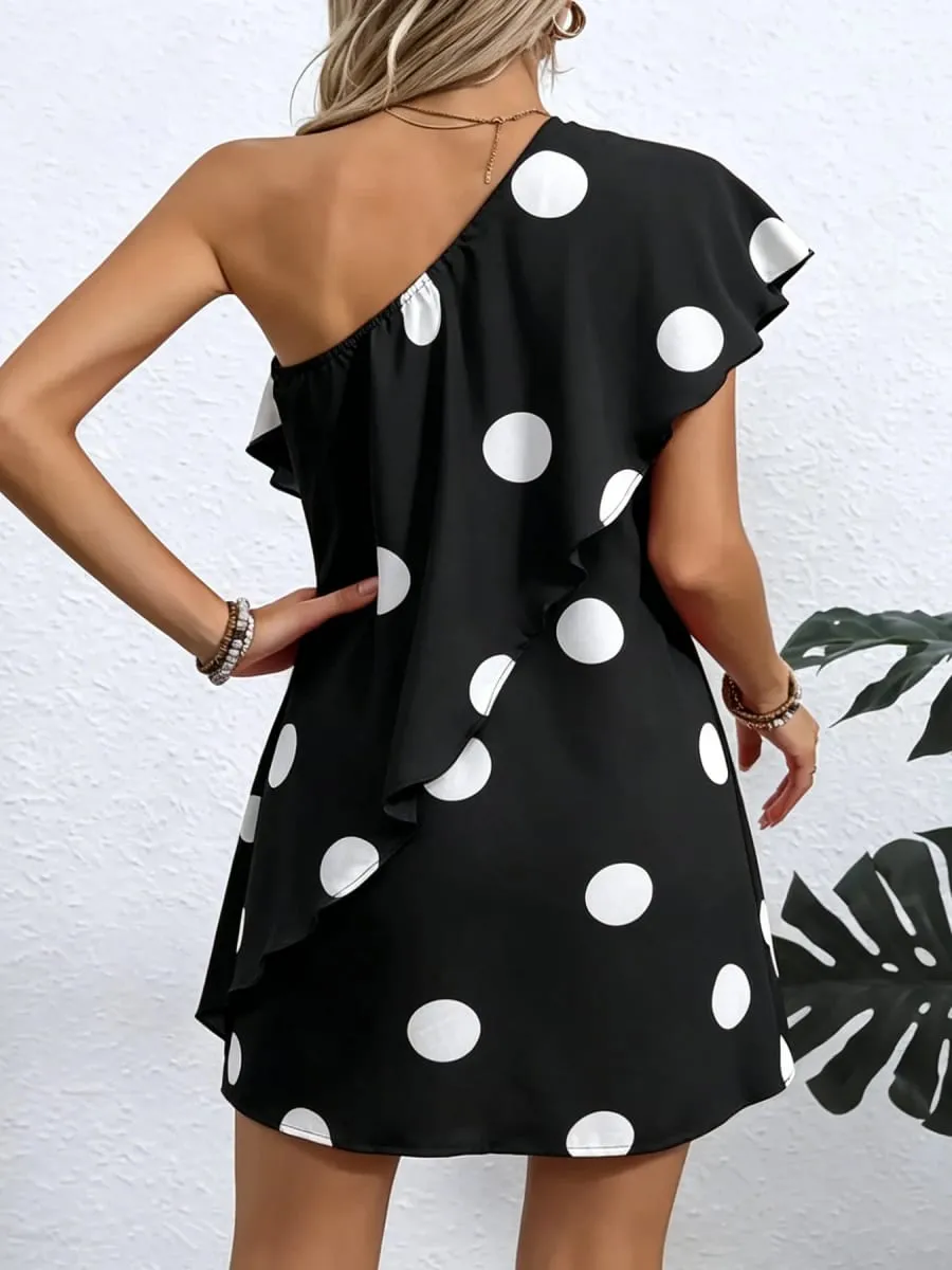 Ladies Elegant Casual Simple Polka Dot Print Ruffle Hem Dress Women's Fashion Round Neck Short Sleeve Dress — image 2