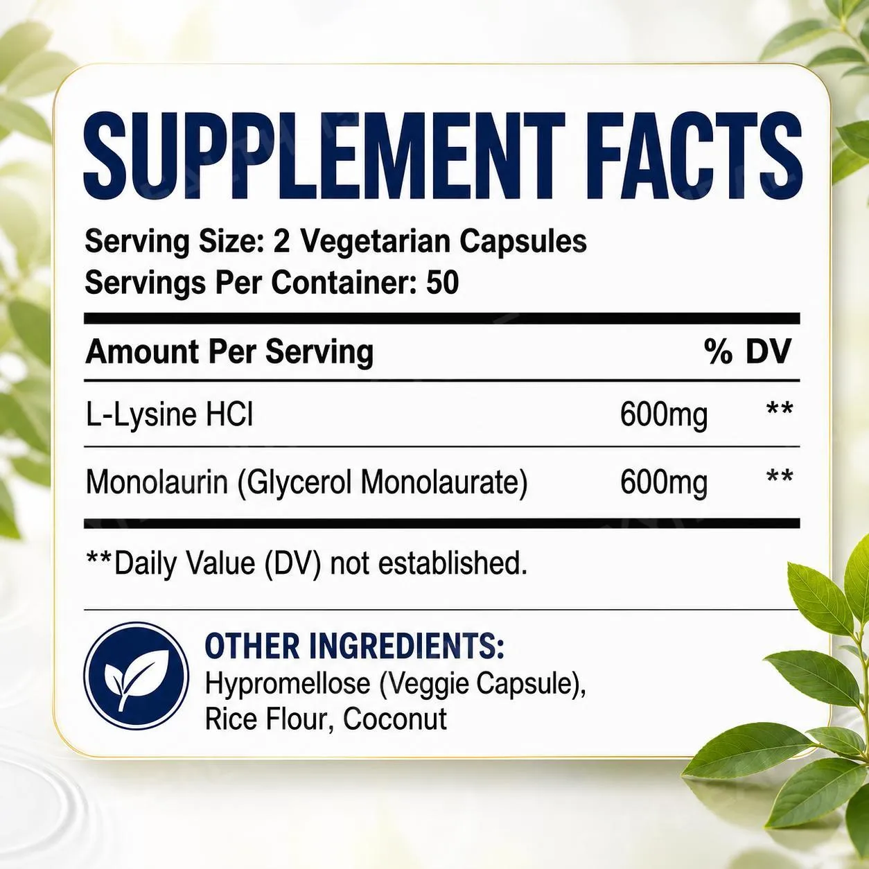 L-Lysine HCl & Monolaurin 1:1 Ratio Capsules Immune Wellness Daily Defense and Balance Support 600 mg Each 100 Count — image 2