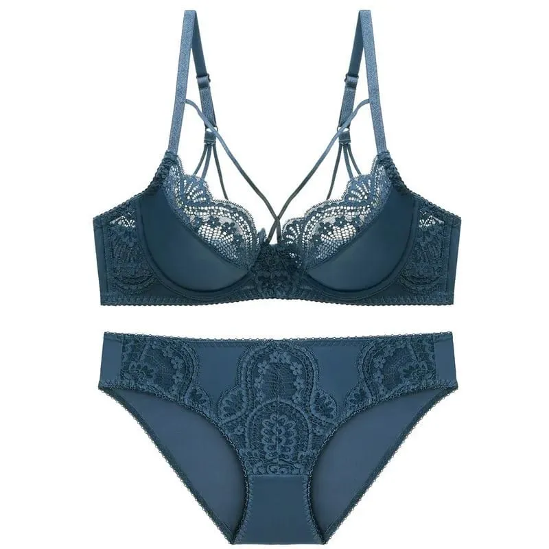 high quality sexy lace women bras and brief two piece set push up A B C D E cup wire summer lingerie underwear blue red black — image 6