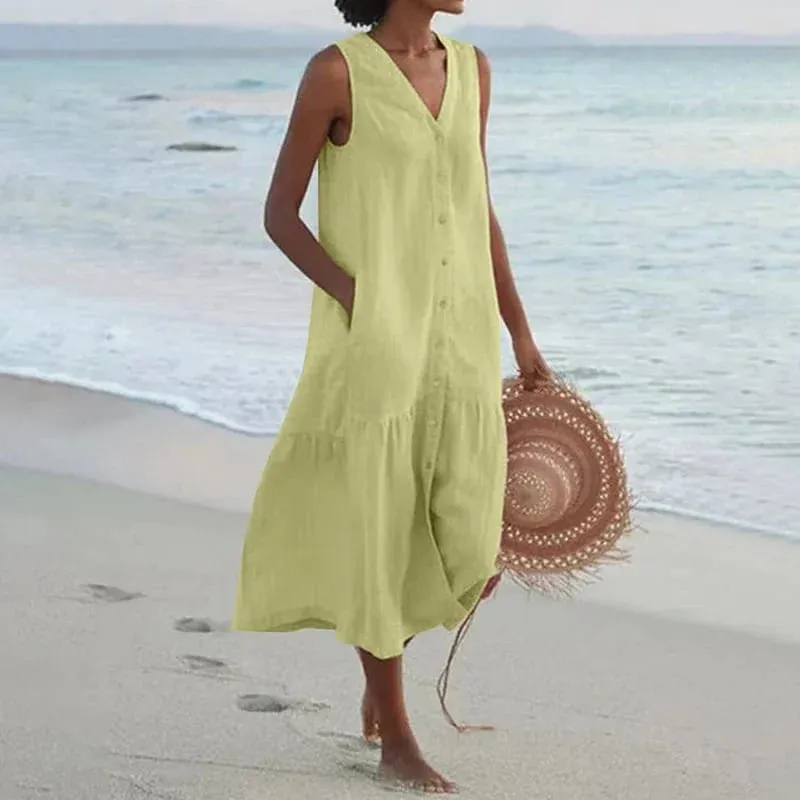 Verão solto casual retalhos algodão linho pocktes vestido com decote em v estilo praia vestido sem mangas vintage clube midi sólido vestido feminino — image 10