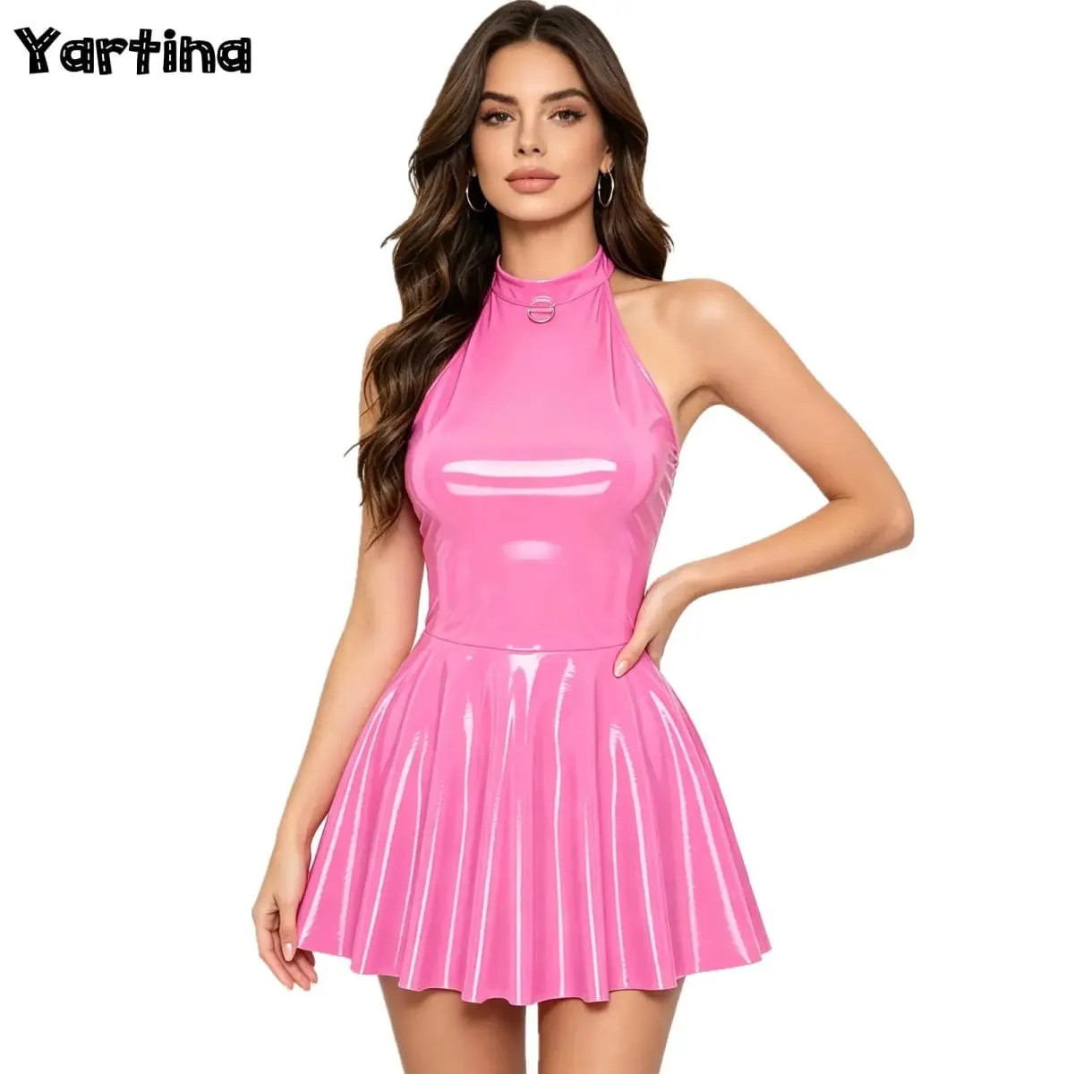 Fényes lakkbőr fényes mini A-vonalú latex ruha női swing szoknya Skater Bodycon mini ruha Rave Disco Party Clubwear