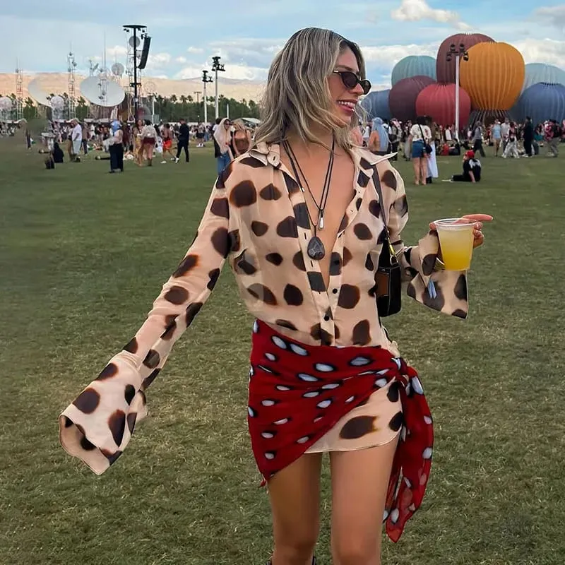 Sexy Leopard Women's Dress Full Sleeve Turn-down Collar Single Breasted Print Scarf Mini Dress 2026 Summer Chic Female Robe