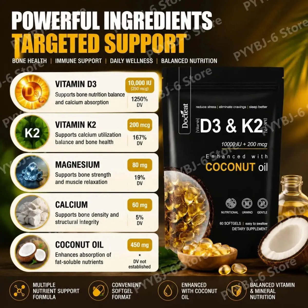 Docteat Vitamin D3 & K2 Softgels with Magnesium and Coconut Oil for Bone Nutrition Balance Immune System Balance - 60 Softgels — image 5