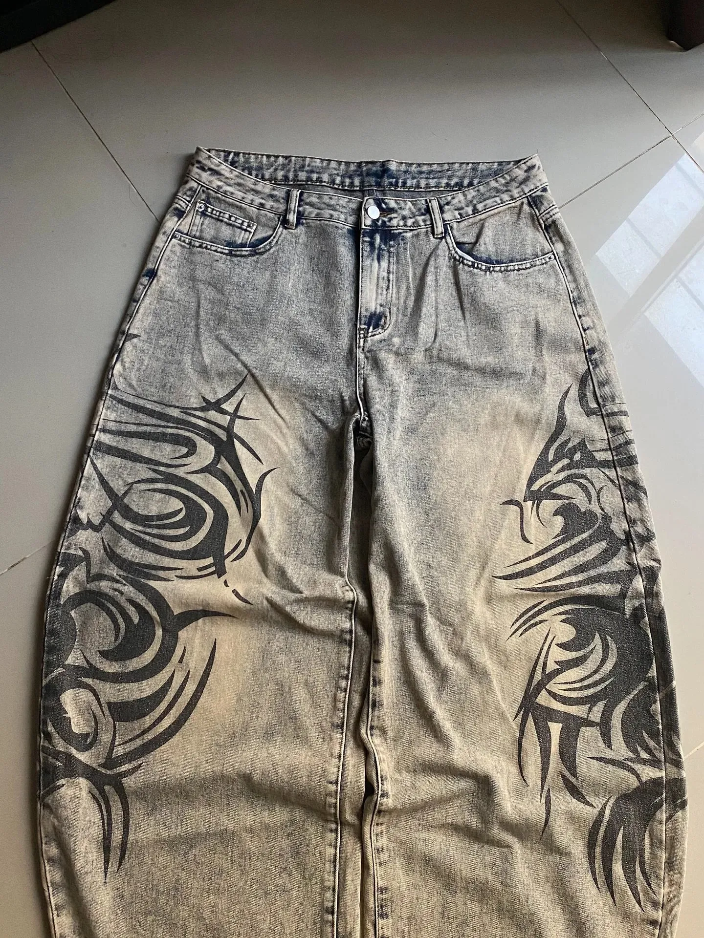 American Y2K New Grey Printing Baggy Jeans Men Women High Street Vintage Hip Hop Harajuku Casual Joker Couple Wide-leg Pants — image 5