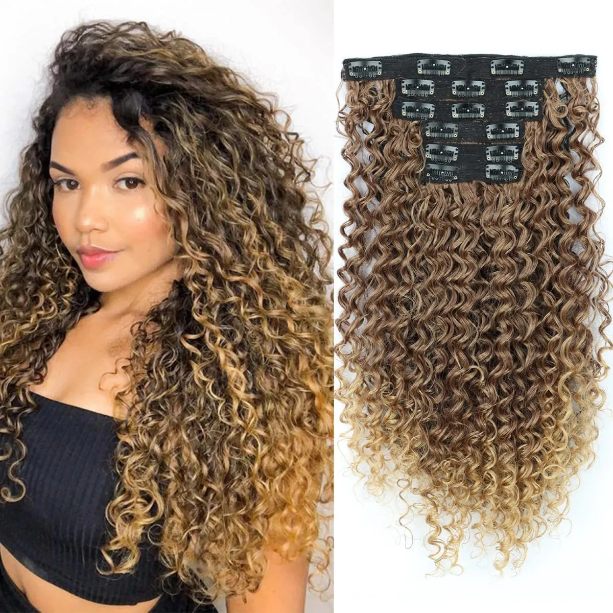 Synthetic 26Inch Kinky Curly 16 Clip In Hair Extensions Black Brown Full Head Fake Pieces Kinky Curly Hair Extensions — image 9