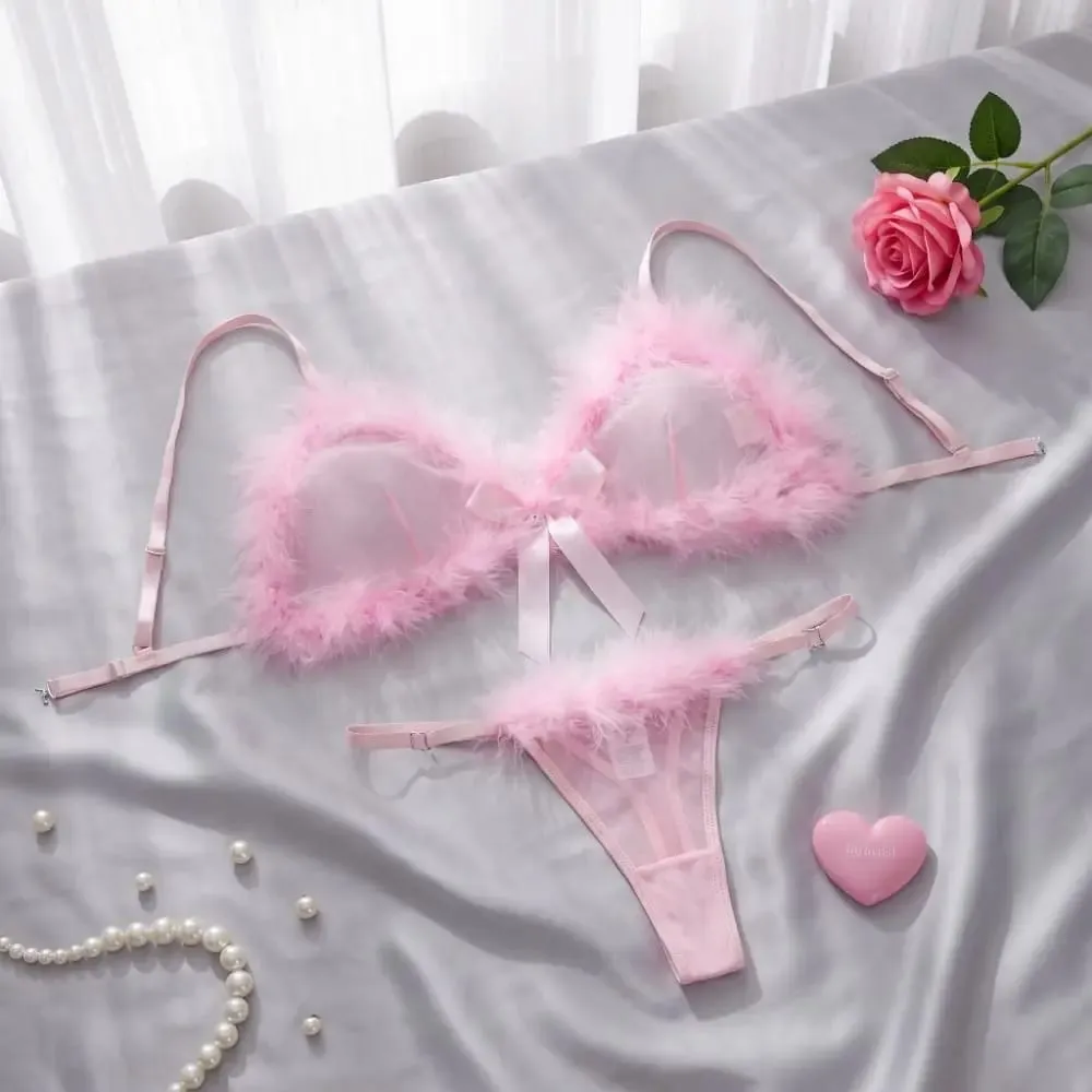 Sweet Furry Women's Underwear Wireless Bow Decor Lingerie Set Mesh Transparent Romantic Intimate Bra Panties Suit Christmas — image 3