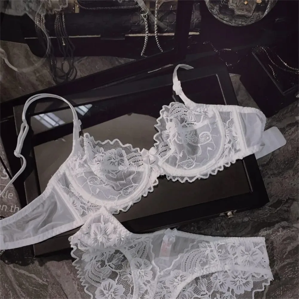 Minimal French Thin Perspective Lace Lingerie Set Underwire Beauty Back Malaking Bust Minimizer Side Shaping Anti Sagging Bra Set — image 6