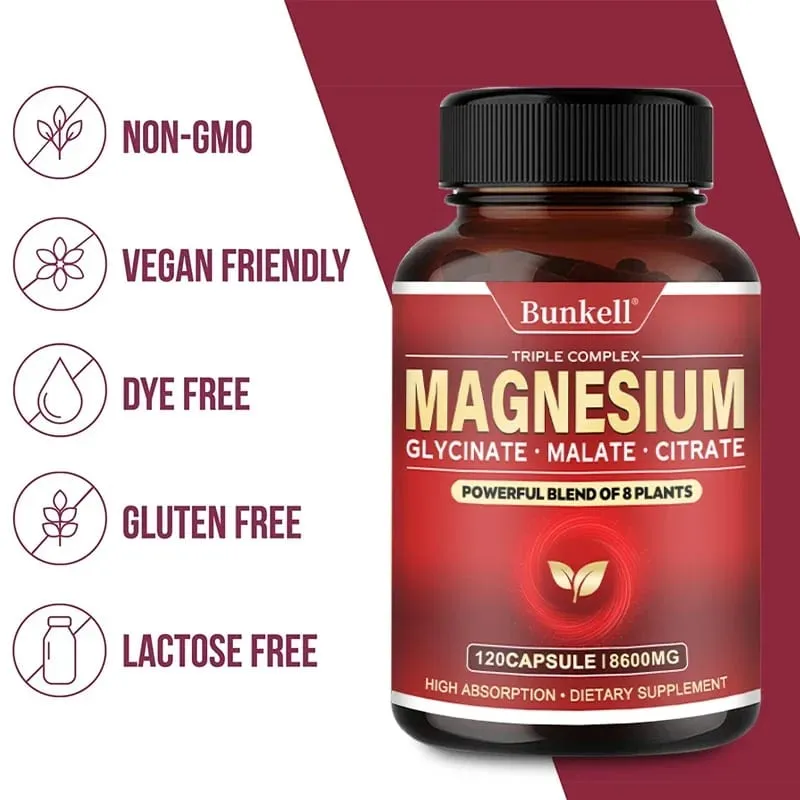 Vysoce vstřebatelný magnesium glycinát malát citrát 100% chelátový bez GMO vegetariánský bezlepkový 8 600 Mg 120 tobolek — image 6