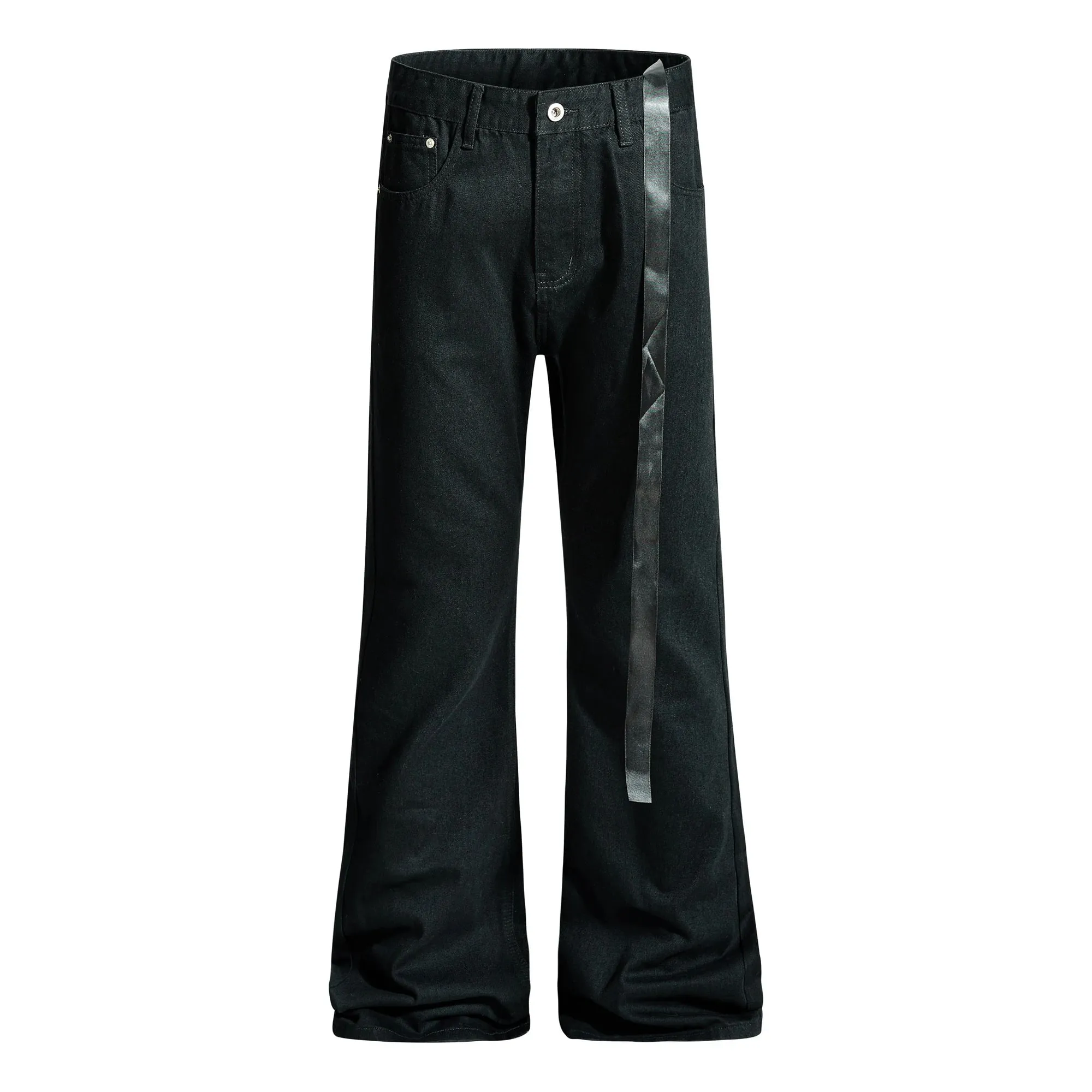 Vintage Washed Black Slim Fit Flare Jeans Long Ribbon Y2k Streetwear Casual Skinny Bell Bottom Jeans Distressed Fashionable