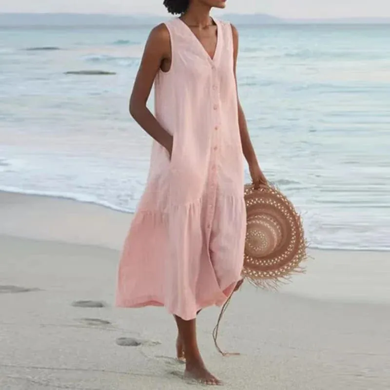 Verão solto casual retalhos algodão linho pocktes vestido com decote em v estilo praia vestido sem mangas vintage clube midi sólido vestido feminino — image 13