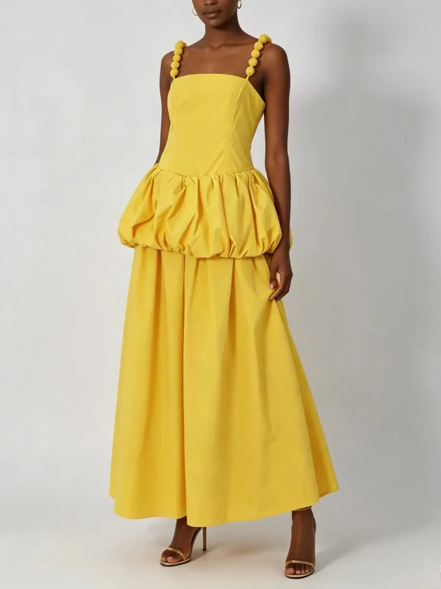 VGH Trend Yellow Maxi Dress Women Square Collar Sleeveless Folds Elegant Long Skirt for Club Evening Party Summer Fashion New