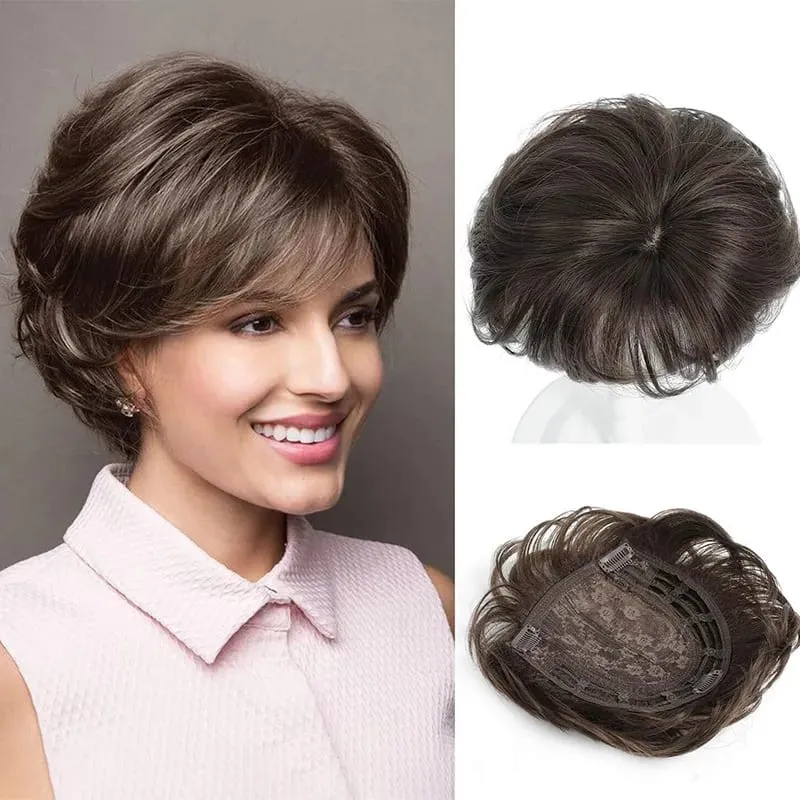 Synthetic 6inch Short Straight Topper Hairpiece Clip in Hair Extensions Natural Fluffy Head Top Hair Piece Replacement Cover — image 8