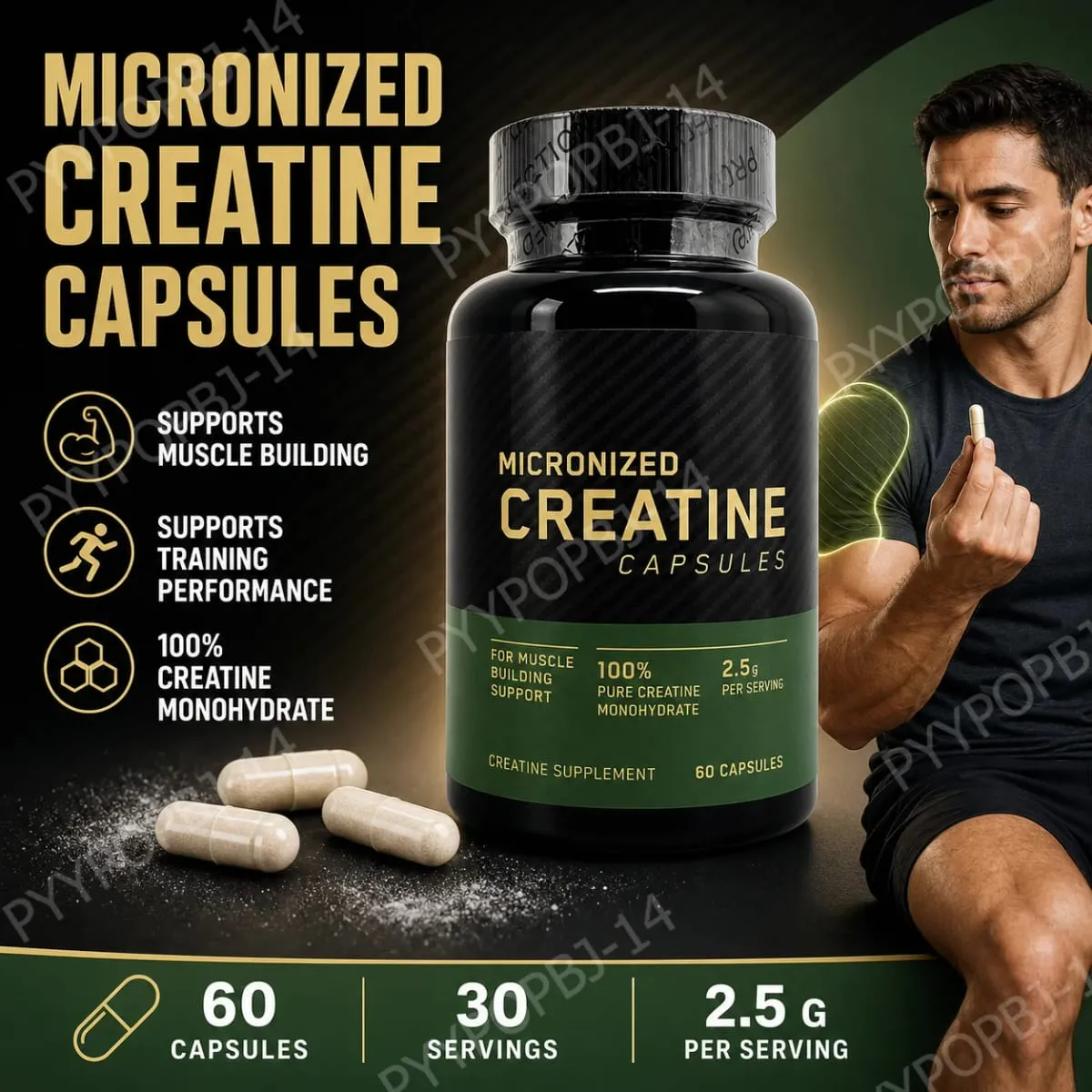 Micronized Creatine Capsules 100% Pure Creatine Monohydrate Muscle Building Support for Adults Sports Per Container 60 Capsules — image 2