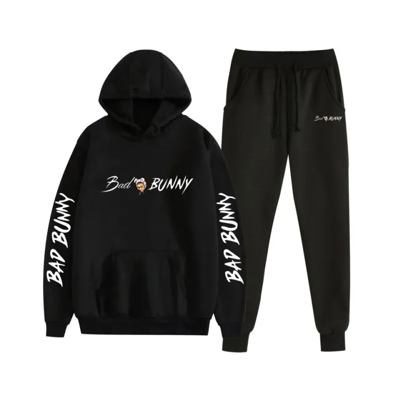 Harajuku Bekväm bad bunny Tryck Sweatshirt Träningsbyxor Kostym Dam Luvtröjor+ Byxor Kostym Pojkar/Flickor 2-delat set Kläder — image 32