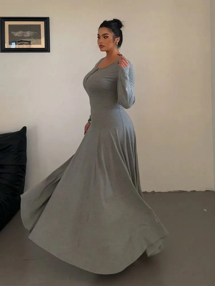 Nagyméretű egyszínű kötött elegáns A-vonalú Flowy maxi ruha | Női hosszú ruha | Alkalmi és ingázó stílus — image 3