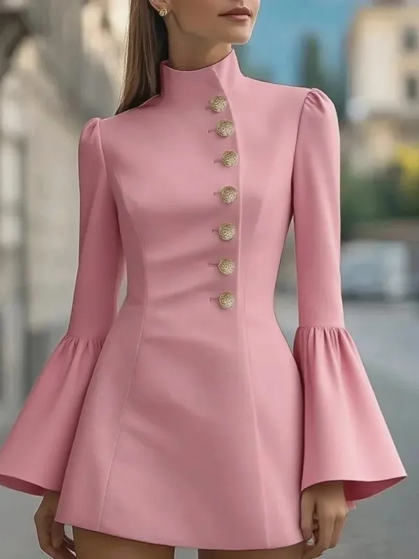 Autumn temperament slim solid colour stand-up collar flared sleeve single-breasted suit dress — image 3