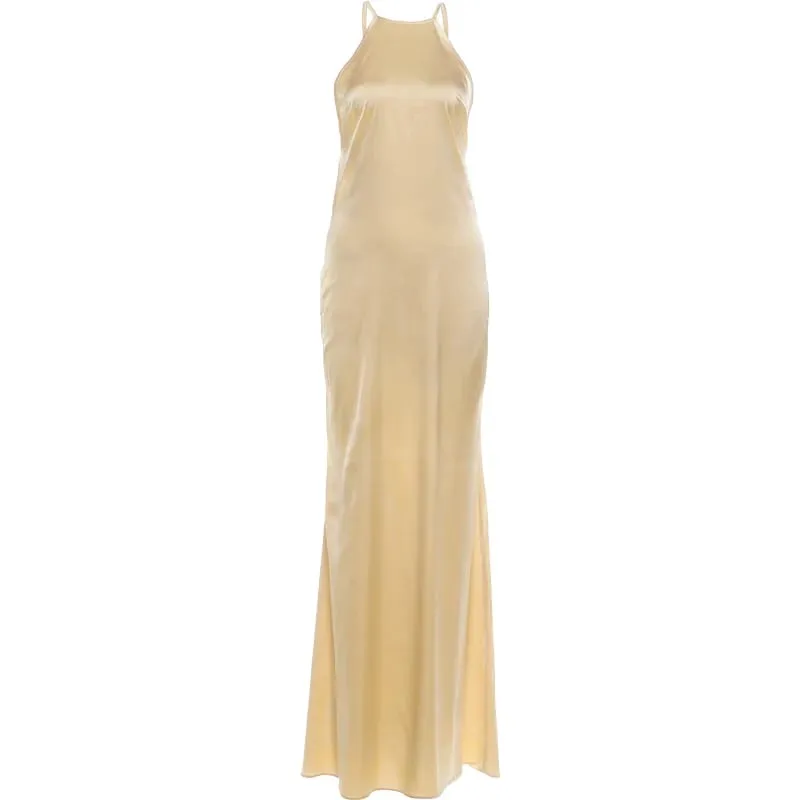 Nibber sem mangas halter vestido de cetim feminino fivela de metal elegante retalhos moda clássico festa à noite sem costas longo bodycon — image 8