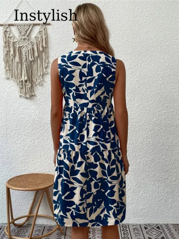 Mulheres boho impressão mini vestido de verão elegante sem mangas com decote em v plissado a linha vestido tanque casual solto oversize praia festa vestido de verão — image 7
