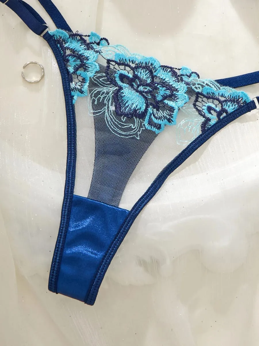 Vintage Blue Satin Lingerie Set Contrast Floral Embroidery Sheer Mesh Underwire Bra Adjustable Strap Thong Panties For Women — image 5