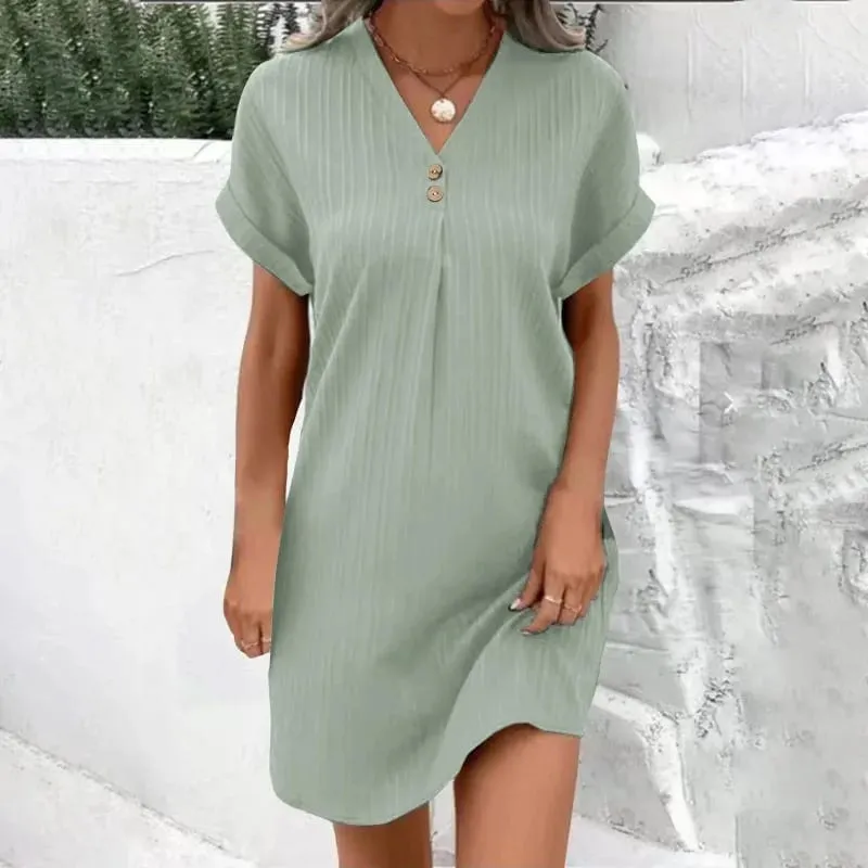 Women's Summer Solid Color Simple Short-Sleeve V-Neck Shirt Dress Comfortable Casual Elegant Loose-Fit Dress with Button Desig — image 5