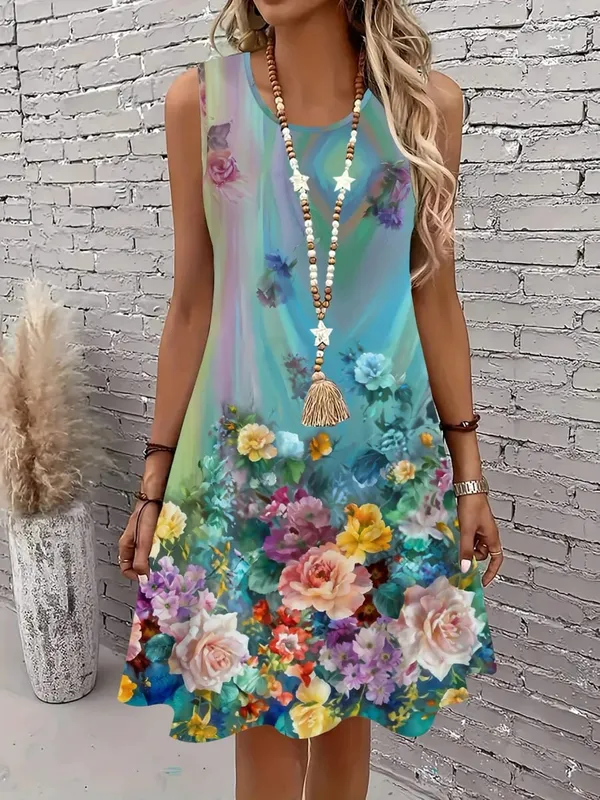 Women's Sleeveless A Line Dress Vibrant Floral 3D Print Dresses Woman Summer Woman Clothing Oversized Y2k Ladies Clothes Tops