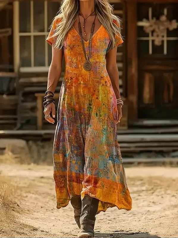 Summer Boho Floral Print V-Neck Short Sleeve Maxi Dress Loose Fit Slimming Ethnic Style Vacation Dress