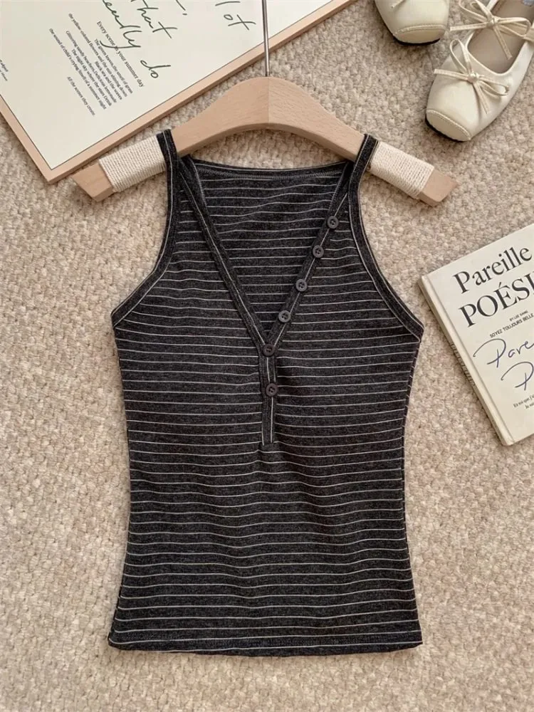 zjaiss Fashion Slim Fit Tank Top 2026 Summer V-neck Button Women Cami With Built-in Bra Pad Casual Basic Inner Top — image 3