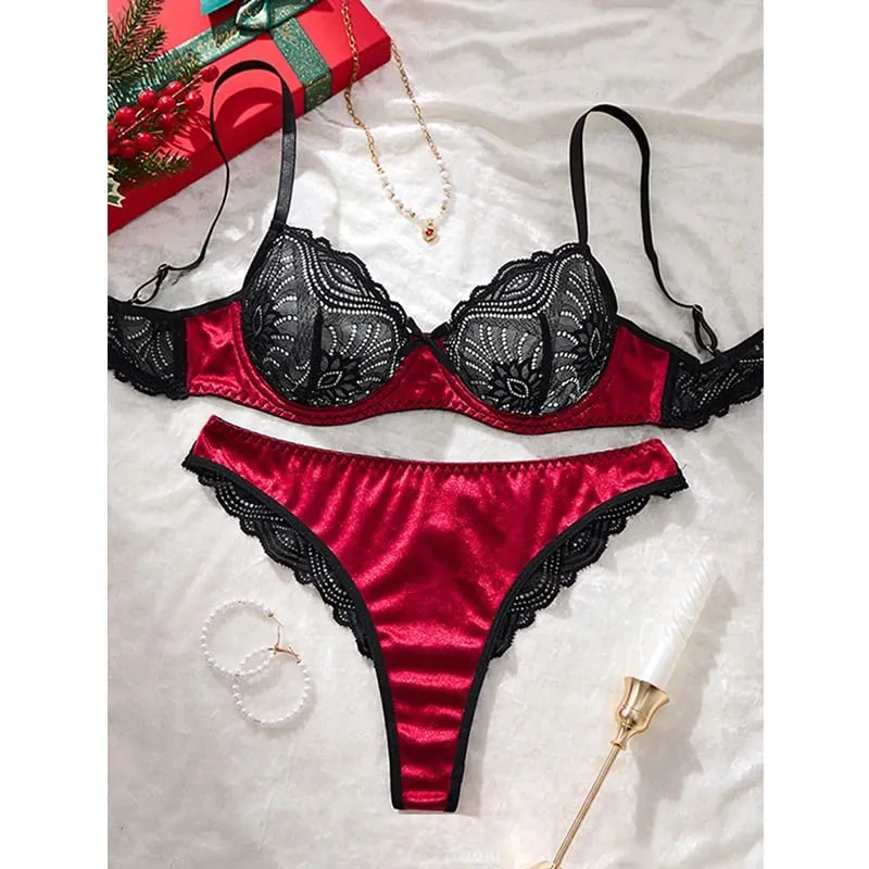 Valentine Sexy Lingerie Black Lace Splicing Underwear Women Set Ultra Thin Luxury Intimate Lingerie 3-point Transparent Bra Set — image 2