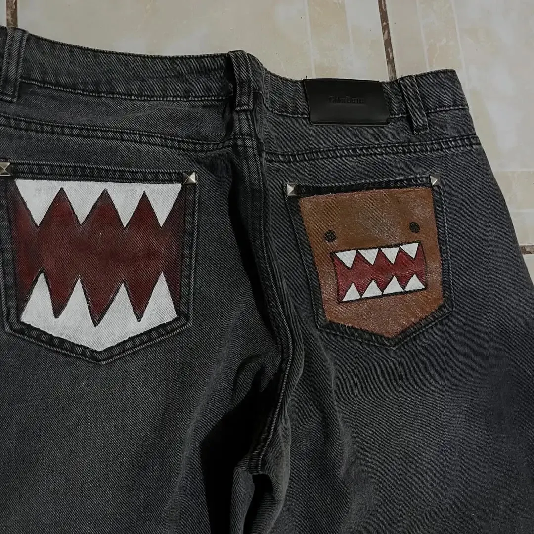 Y2k Dark Wash Baggy Jeans Men Shark Mouth Pocket Print White Tribal Flame Side Graphic Harajuku Wide Leg Hip Hop Denim Trousers — image 5