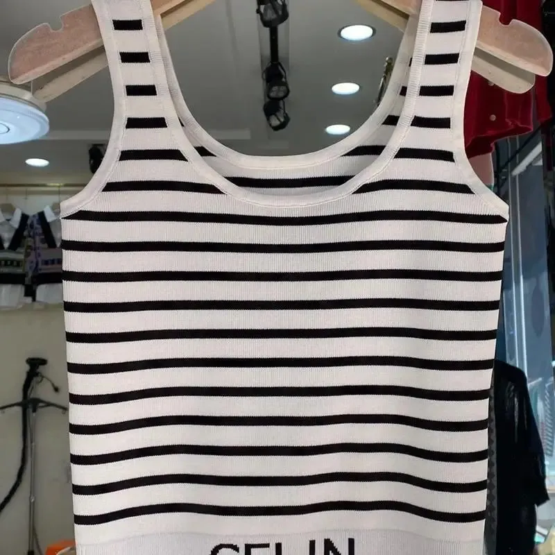 Spring and Summer New Korean-style Hem Letter Stripes Slimming Knitted Halter Top Versatile Slimming Solid Color Vest for Women — image 7