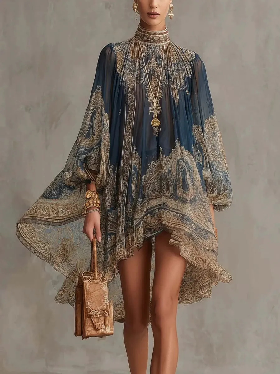 New European-style High-neck Printed Chiffon Dress with Loose Casual Vacation-themed Shawl Sleeves. — image 6